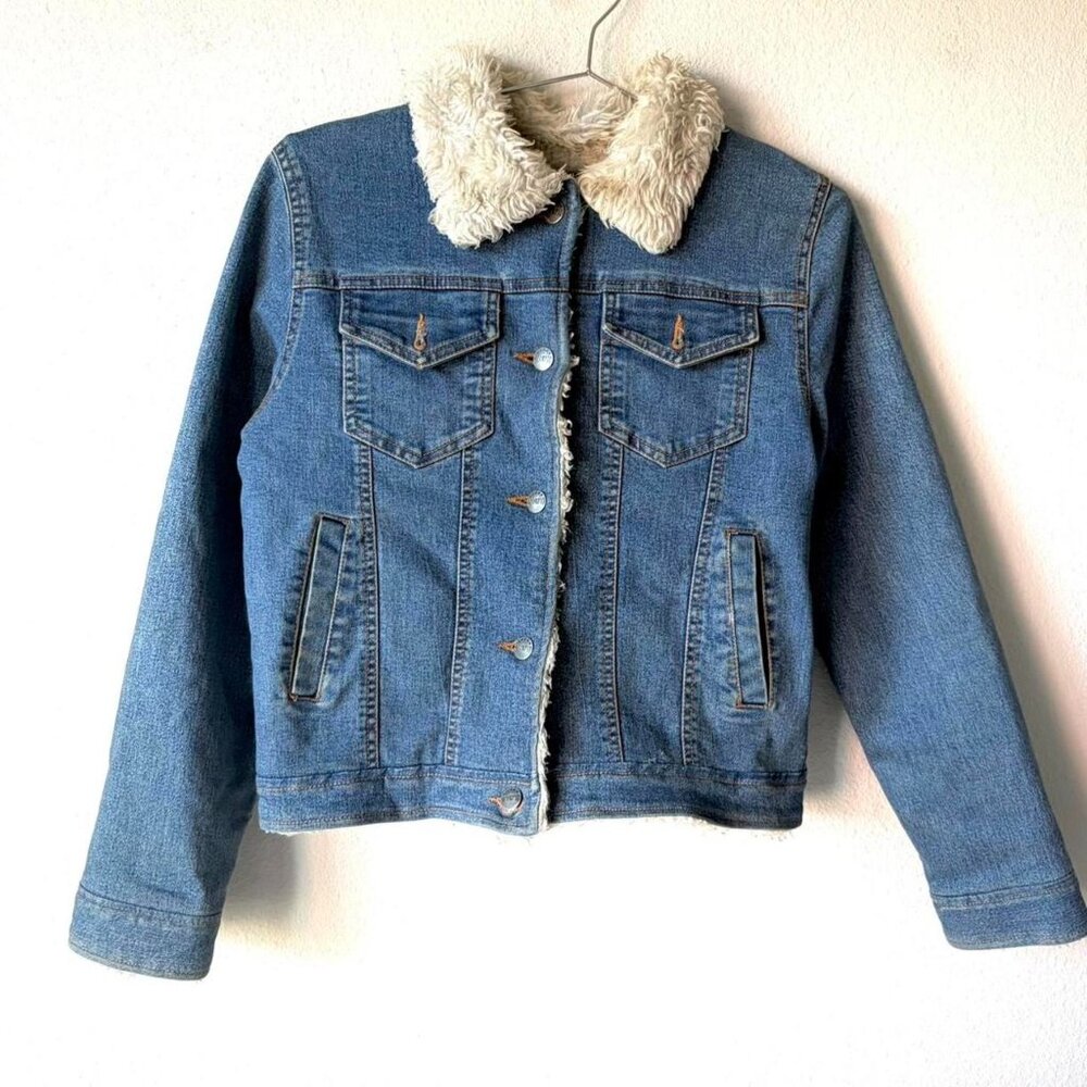 Vintage 90s Denim Trucker Jean Jacket Faux Fur Lined Women's Small